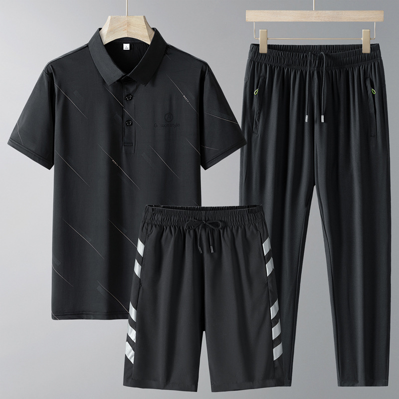 Camiseta de verano de papá camiseta de hielo de manga corta de mediana edad juego deportivo abuelo ropa de hombre papá polo casual conjunto de tres piezas