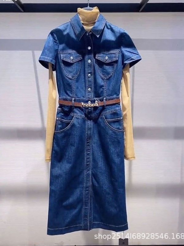 Váy denim dài nữ phong cách cổ điển, thắt eo tôn dáng — Màu xanh lam