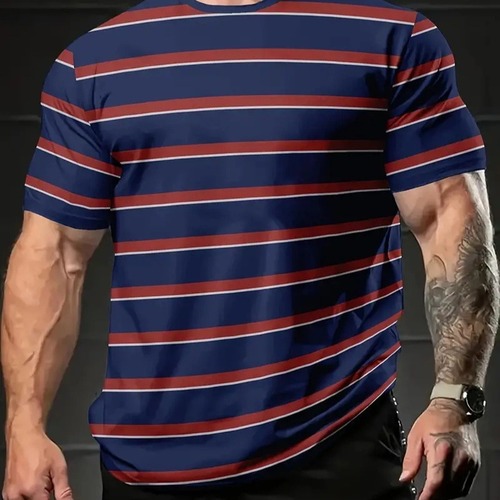 Summer Striped Digital Pattern Short-Sleeve T-Shirt for Men, Round Neck, Versatile Casual Sports Top ME13