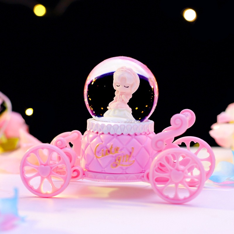 Sweet Dream Girl Mini Carriage Crystal Ball Bedroom Atmosphere Glowing Night Light Desktop Ornament