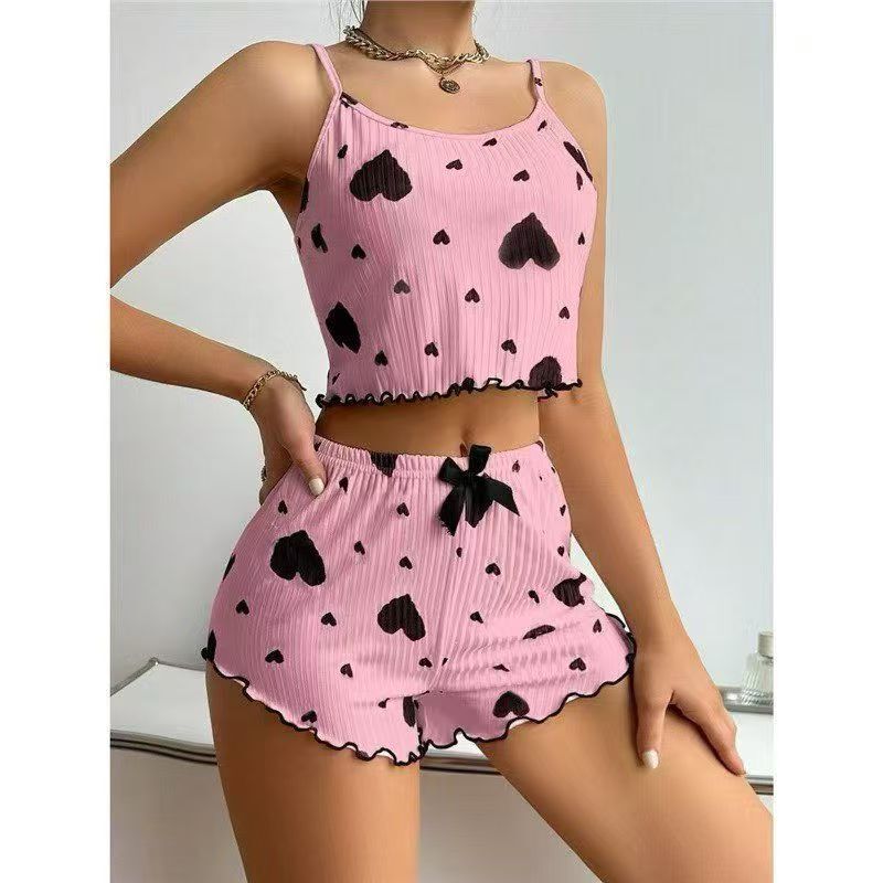Hot-Selling New Cross-Border European and American Fashion Printed Heart-Shaped Ribbed Sexy Pajamas Two-Piece Set for Women Hot-Selling New Cross-Border European and American Fashion Printed Heart-Shaped Ribbed Sexy Pajamas Two-Piece Set for Women