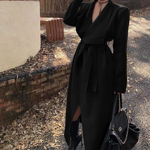 Women's 2025 Spring Casual Loose Fit Slimming High-Grade Black Long Sleeve Trench Coat with Large Collar Open Top