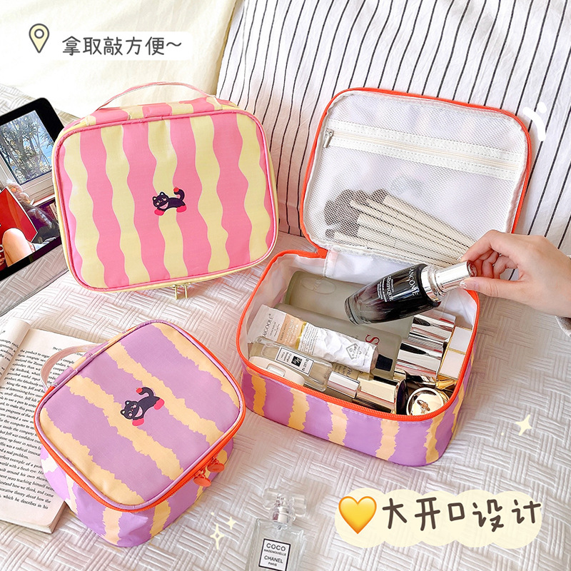 Bolsa de maquillaje portátil de gran capacidad, bolsa de almacenamiento clasificada, bolsa de viaje de macarón a rayas, bolsa portátil, bolsa de dolor para damas
