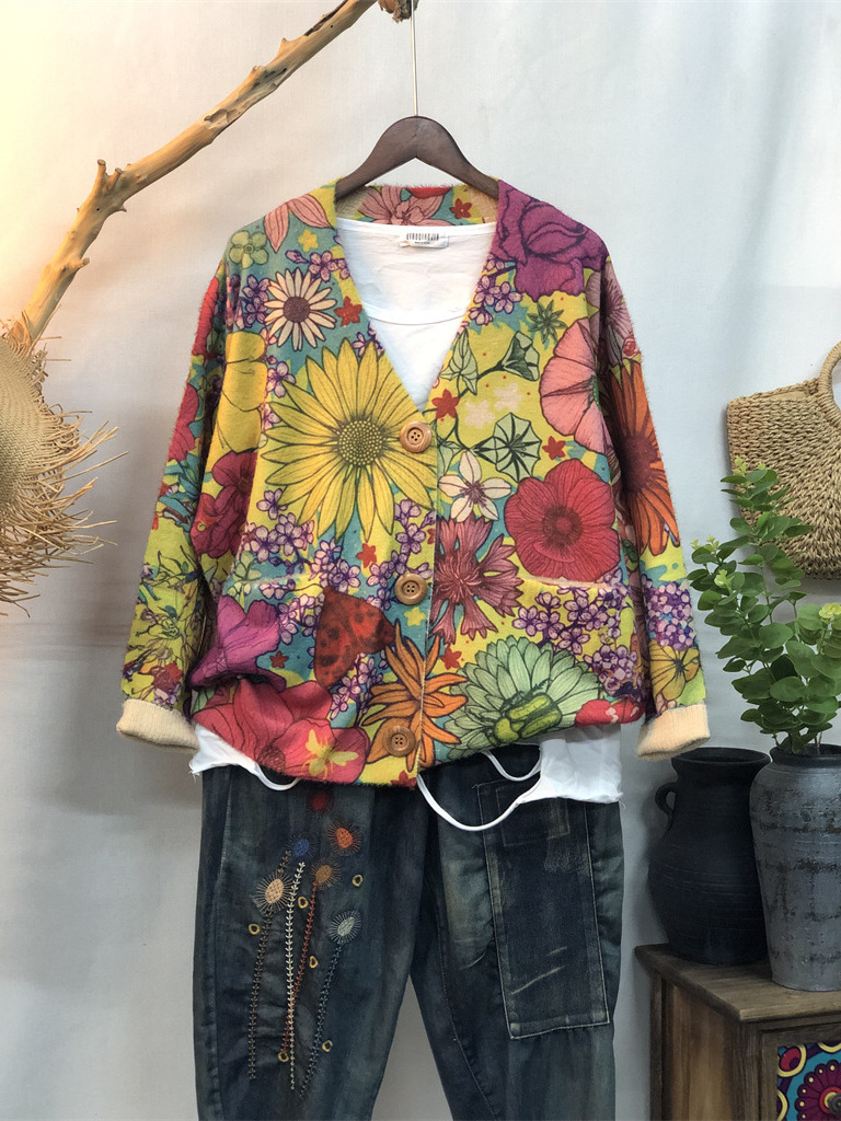Autumn and Winter Knitwear V Neck Knitwear Cute Printed Imitation Mink Velvet Knitwear Women's Korean Style Loose Lazy Women's Top