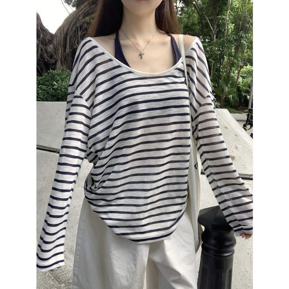 Sun Protection Cover-Up with Chest Pads for Women, Summer Ootd Outfit Set, Long-Sleeve T-Shirt, Loose Striped Off-Shoulder Top