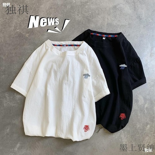 Half-sleeve men's linen T-shirt, cotton-linen short-sleeve, Chinese-style linen material top, loose fit, large size, men's fashion T-shirt