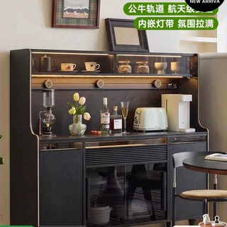 北欧实木餐边柜家用客厅岩板靠墙一体储物茶水柜黑色诧寂风咖啡柜