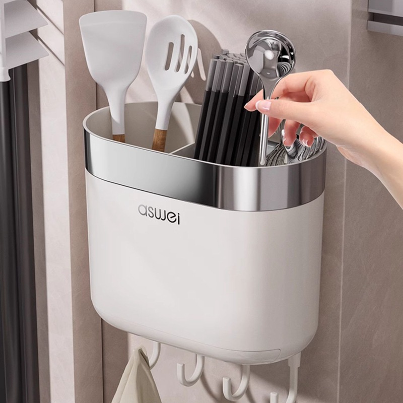 Caja de almacenamiento de palillos Tubo montado en la pared Soporte de almacenamiento de cuchara de cocina Jaula rápida de drenaje de alta gama nuevo hogar sin perforación