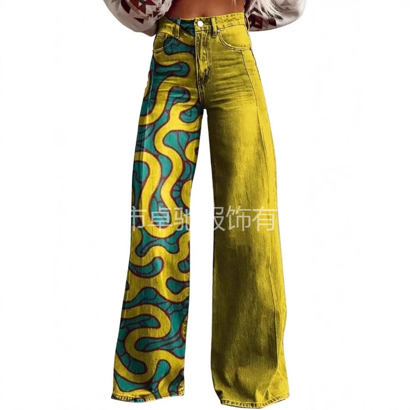 2025 цифровая печать пятиконечная звезда поддельные джинсовые женские широкие брюки 3D женские брюки расклешенные брюки Amazon