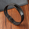 Men's black leather woven bracelet stainless steel handmade, genuine leather