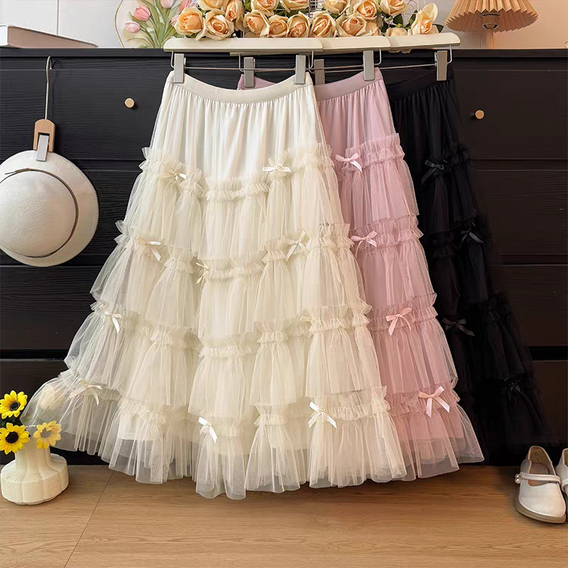 French Fairy Elegant Bow Mesh Fluffy Skirt for Women Winter High Waist Slimming Look A-Line Layered Cake Skirt