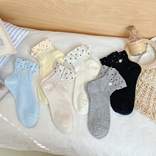 Dongdaemun Spring and Summer New Arrival Women's Short Socks Korean Style Polo-dot Turn-up Ins Style Shell Button Solid Color Low-side Socks