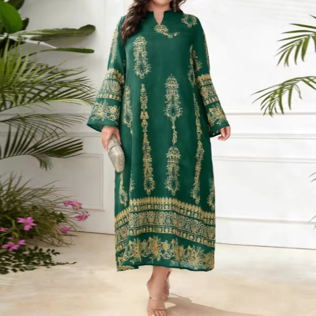 Exclusive Cross-border Supply Of Middle Eastern Embroidered Robes, Plus-size Women's Green V-neck Bell-sleeve Loose_ecoleips.com