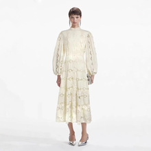 2025早春欧美高级感时尚优雅立领重工刺绣单排扣礼服连衣裙长裙女