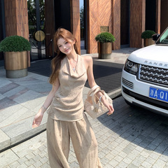 2025年夏ファッションセット、ホルターネックタンクトップとスリムフィットカジュアルパンツのツーピースセット、女性用、トレンド