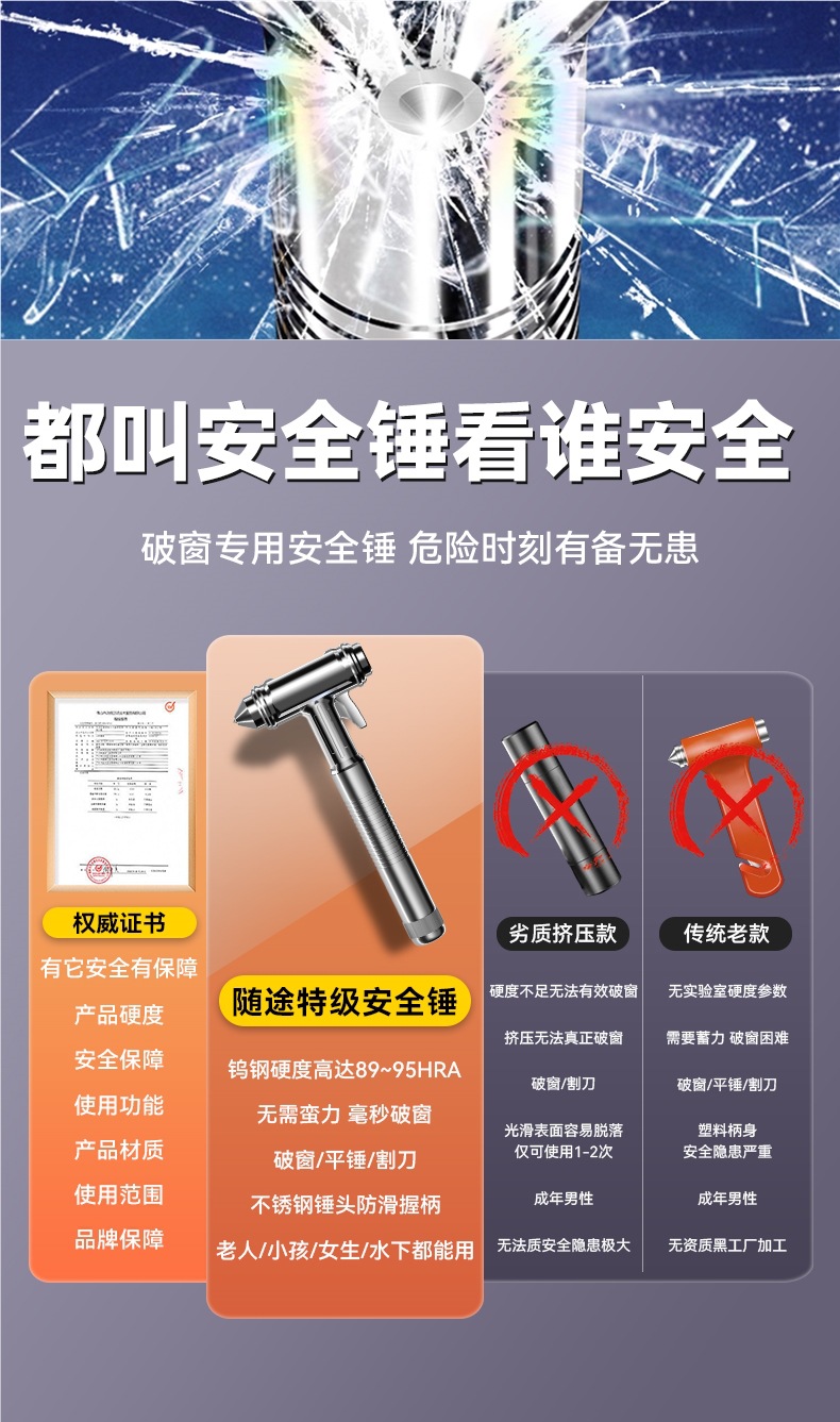 4-in-1 Car Safety Hammer, Window Breaker with Cutter