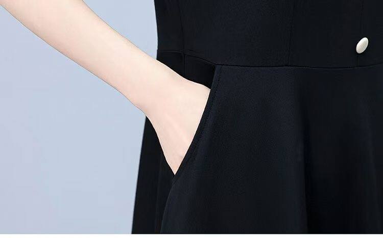 Đầm liền thân ngắn tay cổ polo dáng chữ A eo cao phong cách thanh lịch — [Màu đen] Có túi [Vải cao cấp] chi tiết 13
