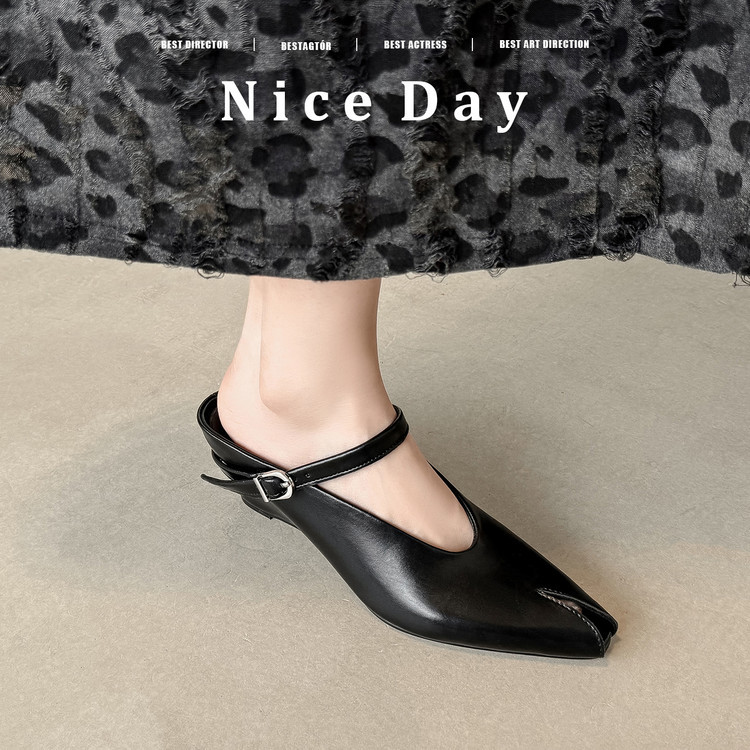 Sandal nữ hở mũi gót nêm cao da bò tăng chiều cao quai ngang — màu đen, màu trắng, màu mơ chi tiết 66