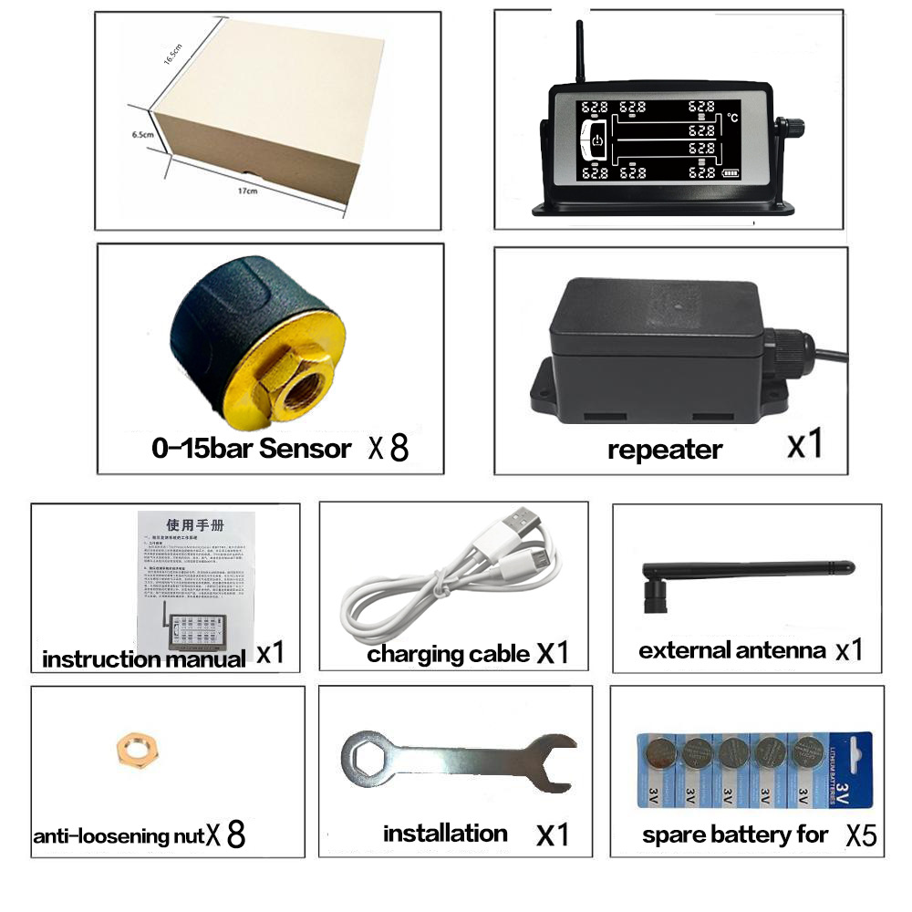 8-wheel heavy truck fire truck tire pressure monitoring system manufacturer high-precision tire pressure detector solar external