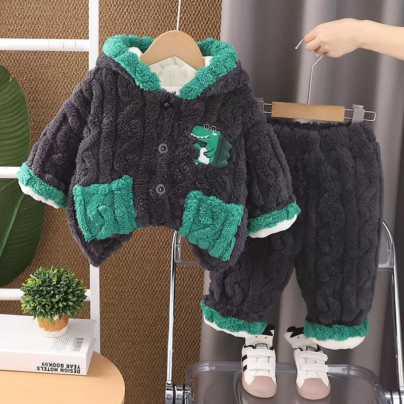 男宝宝秋冬加绒睡衣2024新款男童夹棉加厚保暖套装家居服两件套潮