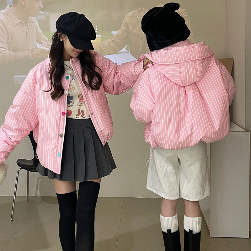 ストライプカラーボタンショートダウンジャケット女性のための 2025 新しいファッションデザイン厚みのある小さな通勤パンジャケット|undefined