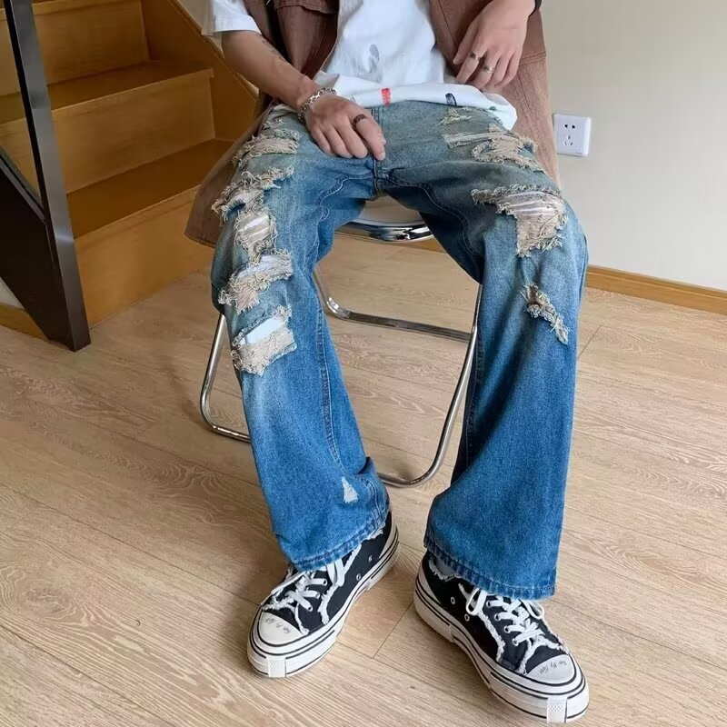 Men's Distressed Jeans Black to Gray Washed Straight-Leg Denim Pants High Street Grunge Style_mkmklike.com