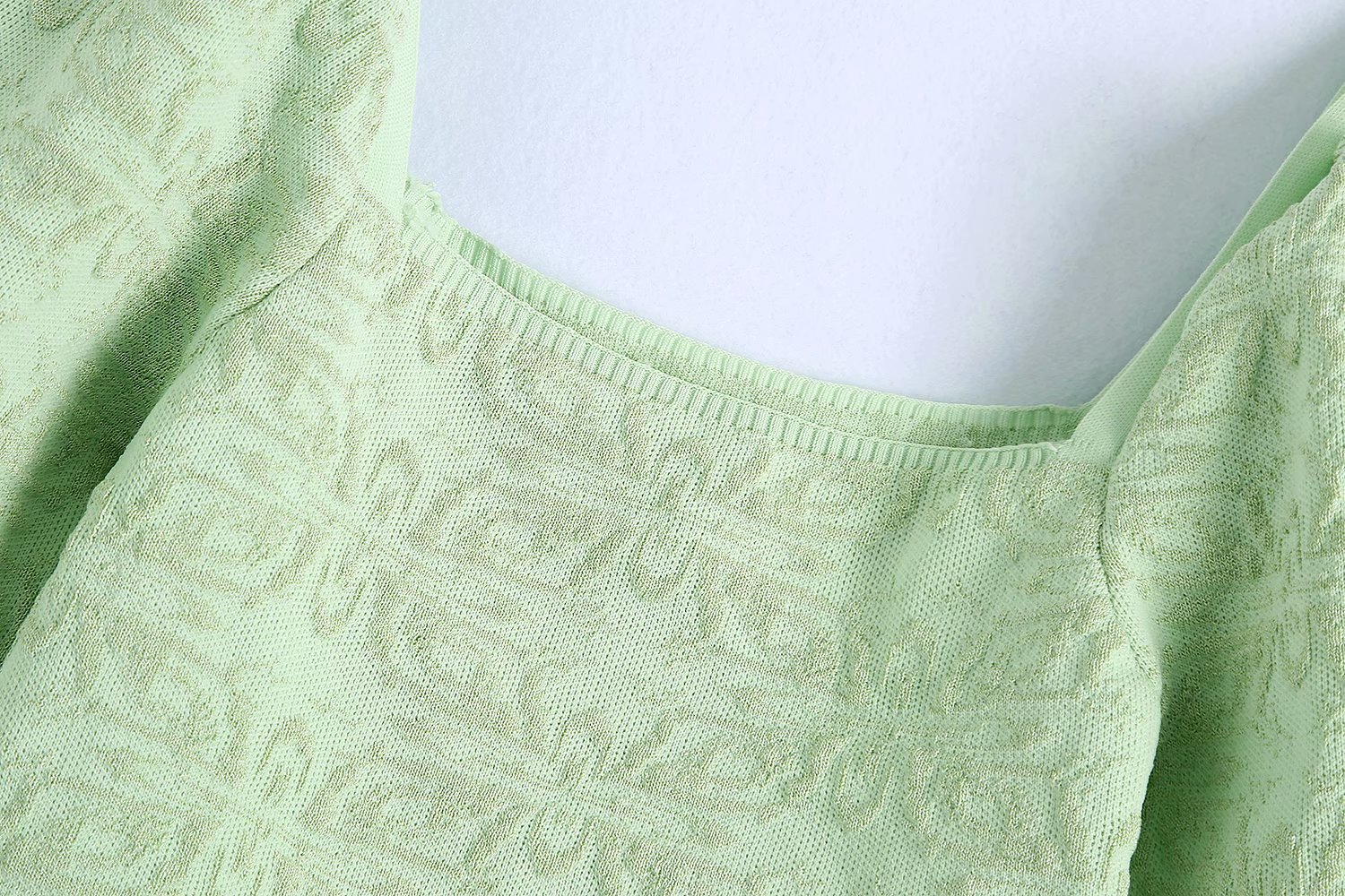 Sage green square neck puff sleeve knit short blouse NSAM48556