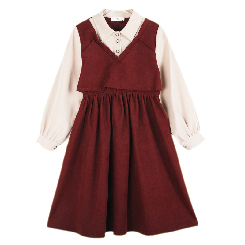 2024 niñas solapa moda falso vestido de dos piezas niños medianos y grandes rojo Otoño e Invierno vestido de princesa de pana vestido de padre e hijo