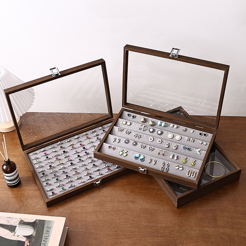 Walnut Color Jewelry Storage Box Ring Earrings Bracelet Necklace Display Box High-End Storage Box with Dustproof