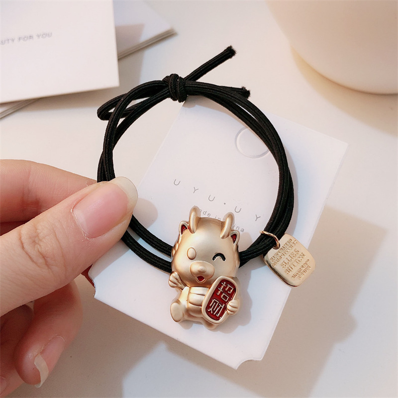 Año del Dragón Zodiaco de alta sensación metal rojo Año Nuevo anillo de cabello de alta altura cuerda elástica cuerda de cabello festiva adornos para el cabello