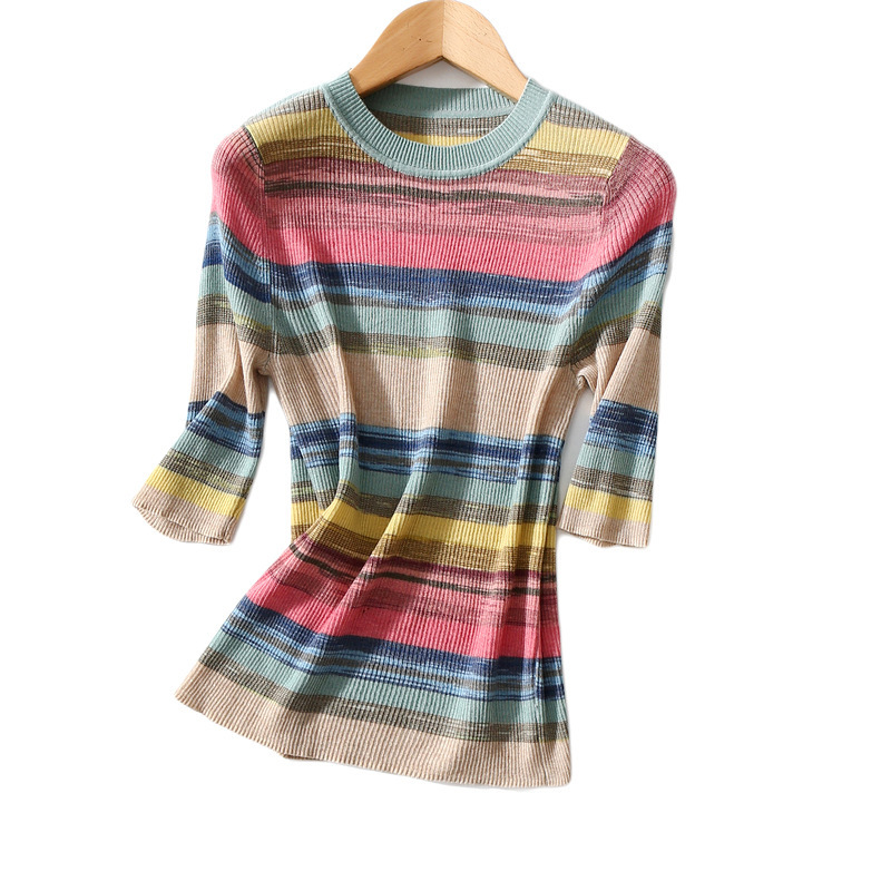 Spring/Summer 2021 Superfine Wool Knitwear Women's Slim-fit All-match Pullover Mid-sleeve Stretch Rainbow Stripe Base Top