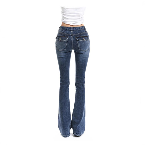 Comes with a plump pad~ Retro deep blue contouring slimming lead slightly slanted pants knee widening versatile stylish trendy jeans