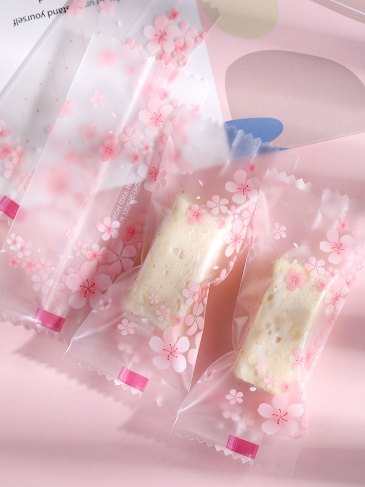 Bolsa de embalaje de nougat, embalaje de toffee, papel de azúcar, bolsas de pastel de leche de mango, sello de máquina transparente, bolsas pequeñas letras esmerizadas
