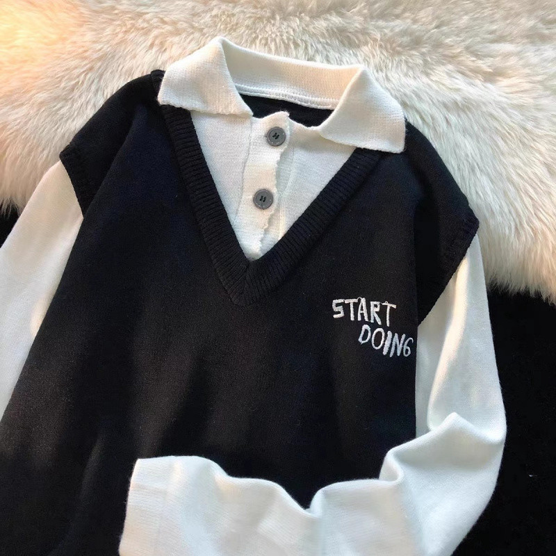 Men's clothing two piece polo collar sweater men's autumn and winter trend loose stitching embroidery knitted sweater men's casual jacket_voghion.com