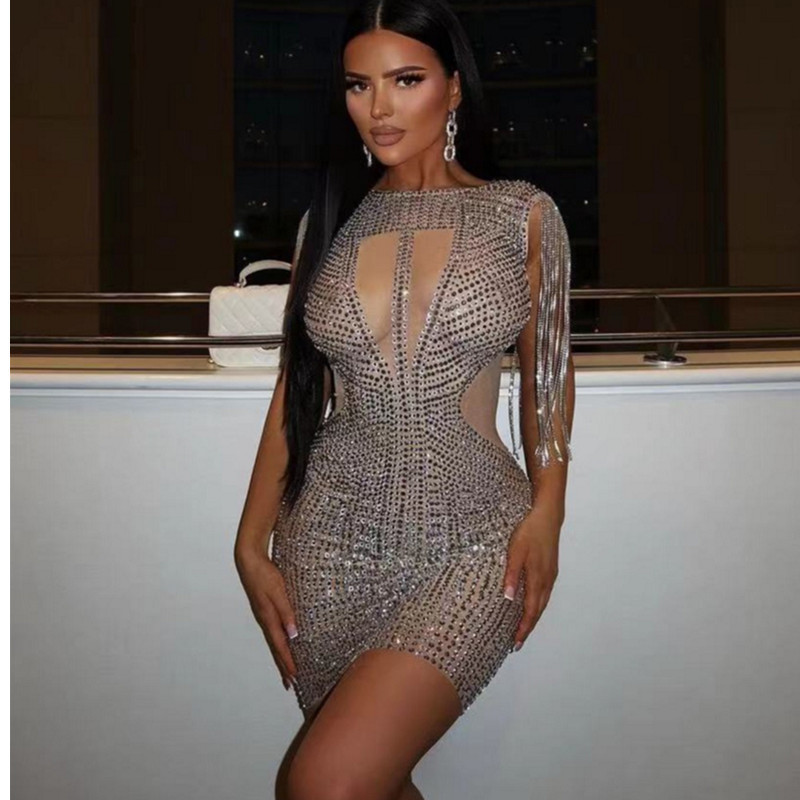 High-end cross-border hot sale rhinestone diamond chain sexy tight hip dress birthday party red carpet dress
