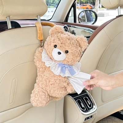 New Car Tissue Box, Car tissue box/set - rabbit-fur-embroidered-bear-tissue-box-khaki-scarf