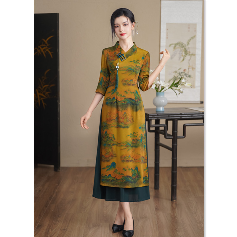 老上海复古改良民族风长款中袖奥黛旗袍裙2024秋季新款中老年旗袍
