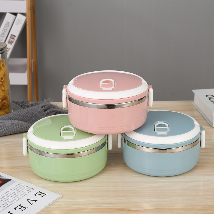 Acero inoxidable aislamiento de calor caja de almuerzo redonda doble capa de estudiantes caja de almuerzo 304 sellado caja de almuerzo regalo joyería