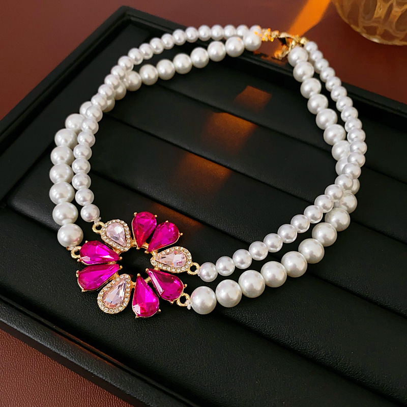 Aguja de plata con diamantes flores pendientes de perlas collares de moda versátil cadena de clavícula multicapa ligera lujo conjunto de joyas de alta calidad
