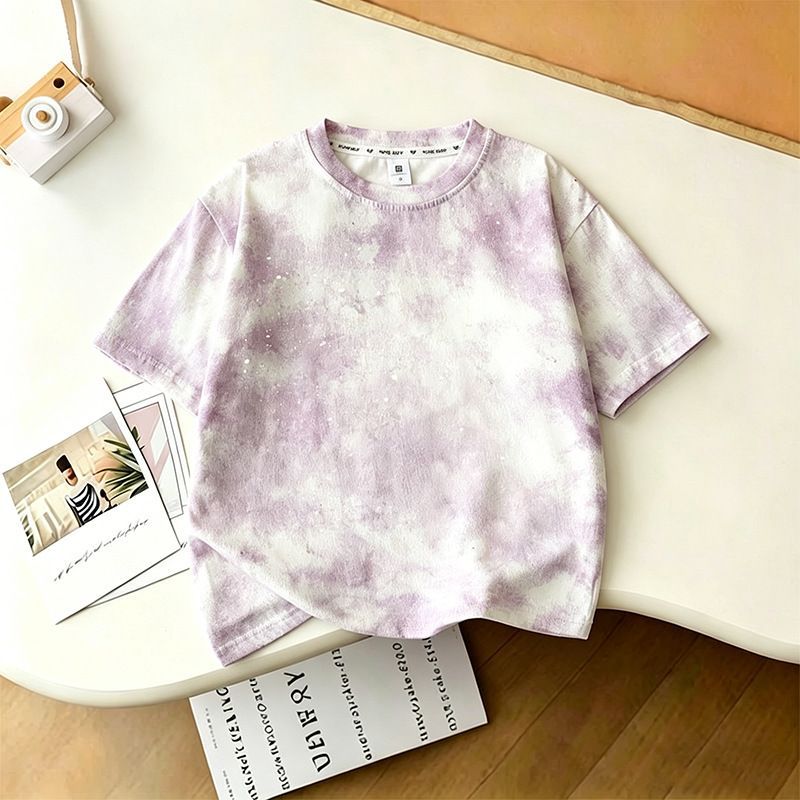2026 Summer Tie-Dye Starry Sky Short-Sleeve Top for Boys and Girls, New Style for Medium and Large Children, Round Neck Pullover Casual Top