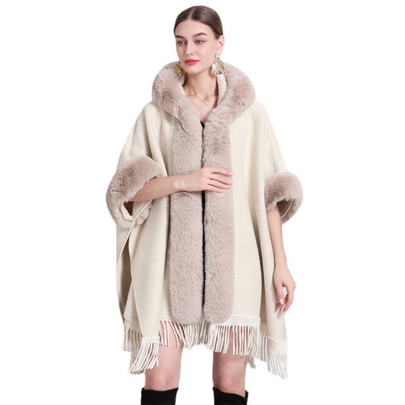 Shawl Snowflake and fleece thickened fur collar knitted shawl cape lady's woolen coat plus-size cardigan_voghion.com
