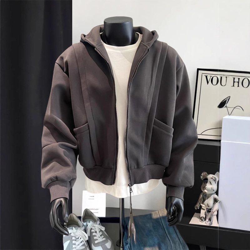 Paris Grey Short Wei Yi Men's Fall/Winter 400g Heavy Hard American Zipper Jacket Deconstruction Stitching Hoodie