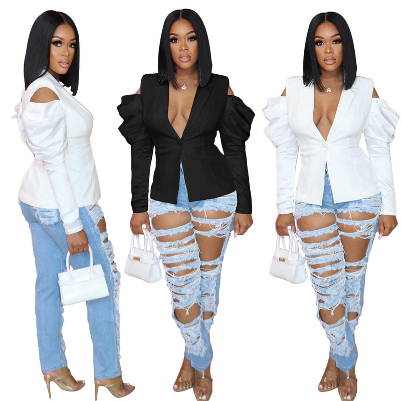 S390182 Foreign Trade Autum Sexy Fashion White European and American Women's Bubble Long-Sleeved Off-Shoulder Suit Small Jacket for Women S390182 Foreign Trade Autum Sexy Fashion White European and American Women's Bubble Long-Sleeved Off-Shoulder Suit Small Jacket for Women