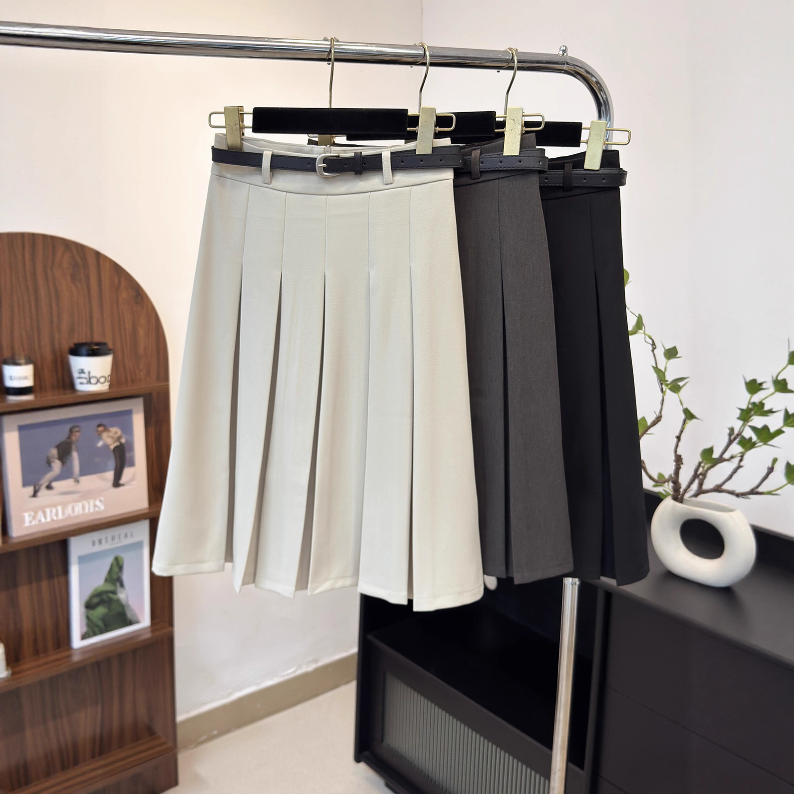 灰色西装中长款百褶裙女学院风高腰显瘦遮胯五分半身裙配腰带9674