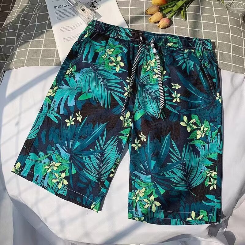 Men's summer beach shorts, quick-dry, loose-fitting, casual floral shorts, ice silk trendy mid-length shorts for seaside vacations