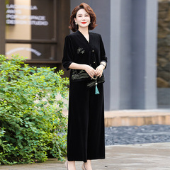 お母さんの秋服、金糸ベルベットスーツ、2025年新作、上品な中国風ジャケット、おしゃれな中高年女性向け春秋ツーピースセット