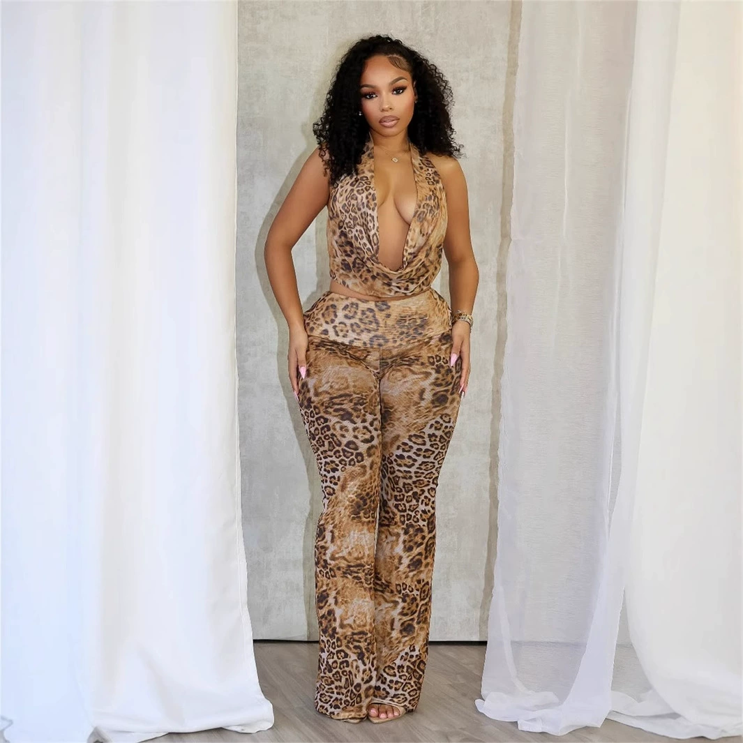 Европейский и американский новый трансграничный внешний оборот леопардовый принт тонкая сексуальная горячая девушка с шнуровкой верхняя часть верхней брюки костюм