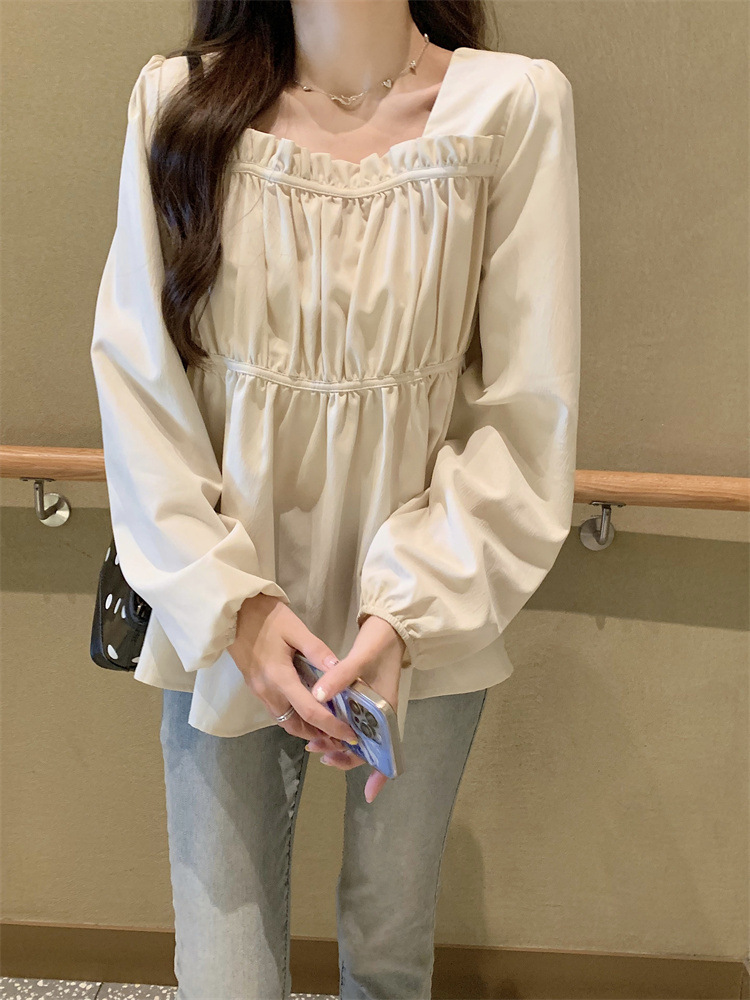 Stylish Plus-Size Jk Square-Neck Pleated Long-Sleeve Shirt for Women, Loose-Fitting Top That Covers the Belly, Trendy Japanese-Style Shirt
