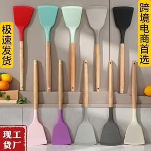 Cross-Border Hot Selling Wooden Handle Silicone Spatula 3-Piece Kitchen Utensil Set Kitchen Supplies Cooking Household Spoon Food Grade