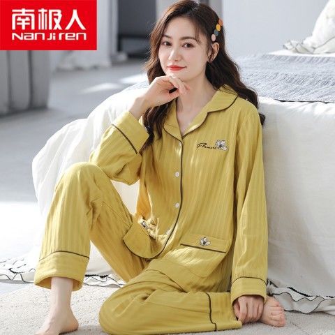 Pijamas de primavera y otoño de las mujeres más el tamaño % de algodón de manga larga traje de dos piezas Otoño e Invierno Delgado se puede usar fuera de casa